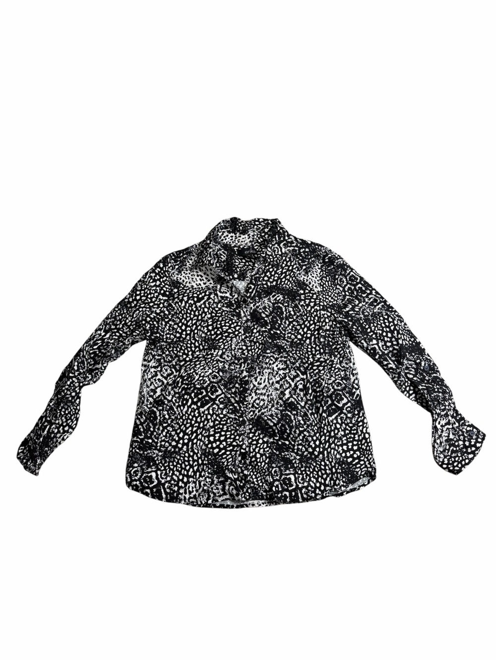 Erika Women’s Petite Medium Animal Print Button Down Blouse Black White